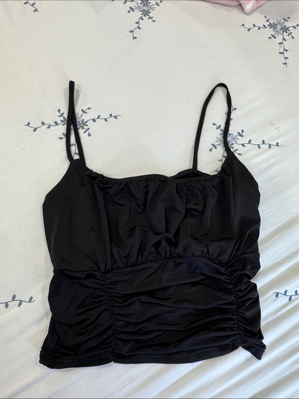 Black Ruched Spaghetti Strap Crop Top